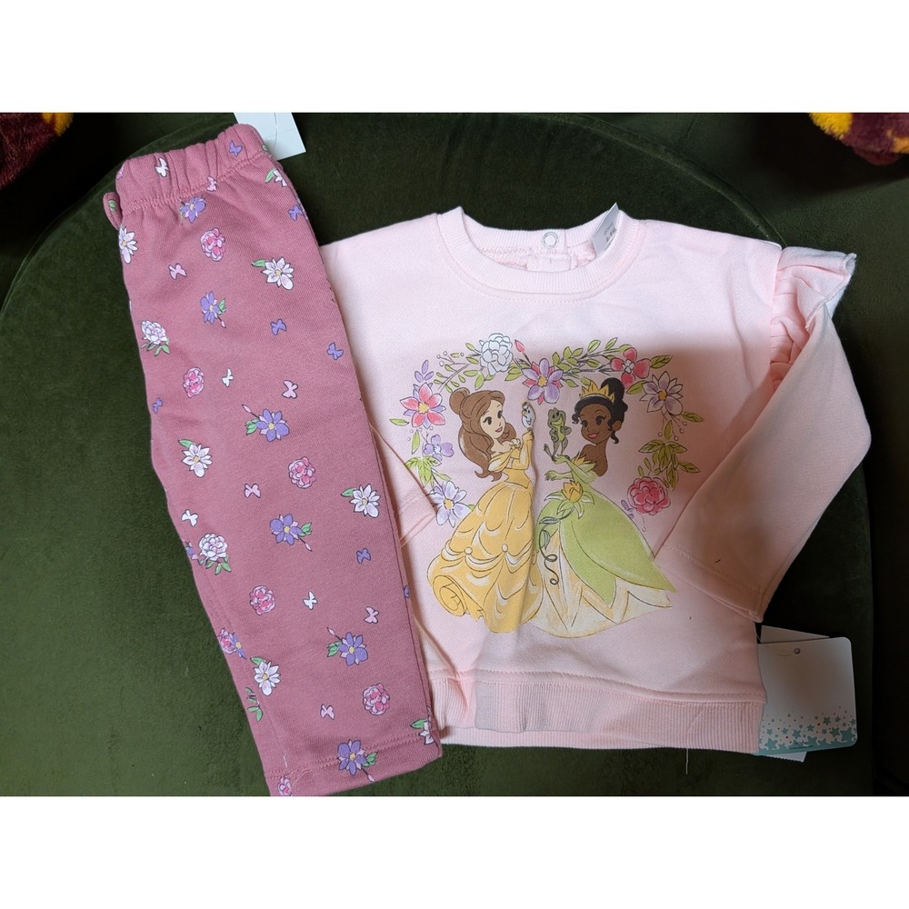 Disney Princess Sweatshirt Leggings Set Kids 6-9M Pink Belle Tiana NWT Ruffle